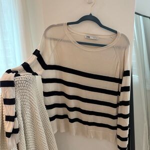 Zara Black and Cream Striped Knit Top size large